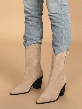 Lulus Levii Light Nude Suede Mid-Calf Pointed-Toe Boots western women's size 11